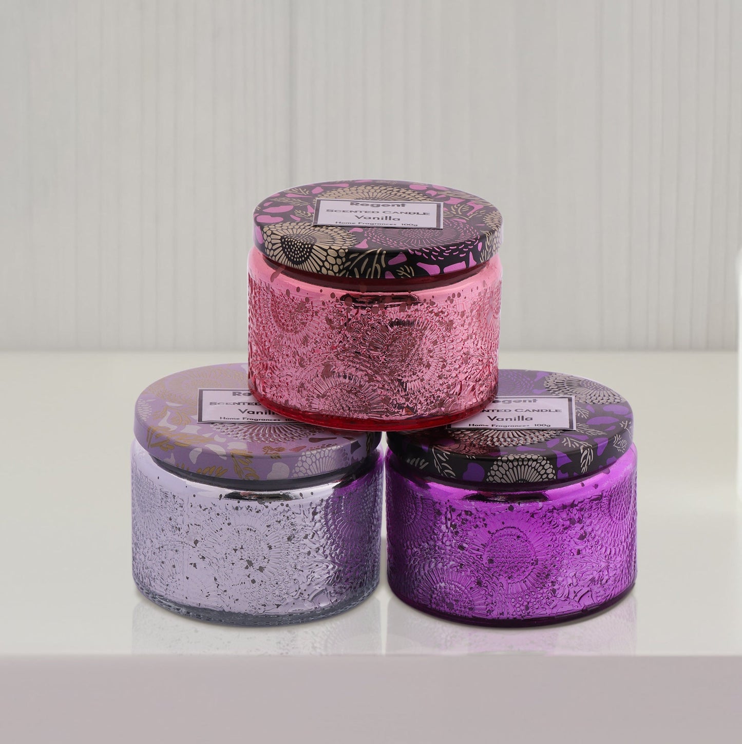 Regent Scented Candles (Vanilla) In Embossed Glass Jars, Asst. Colours, 100gr Each