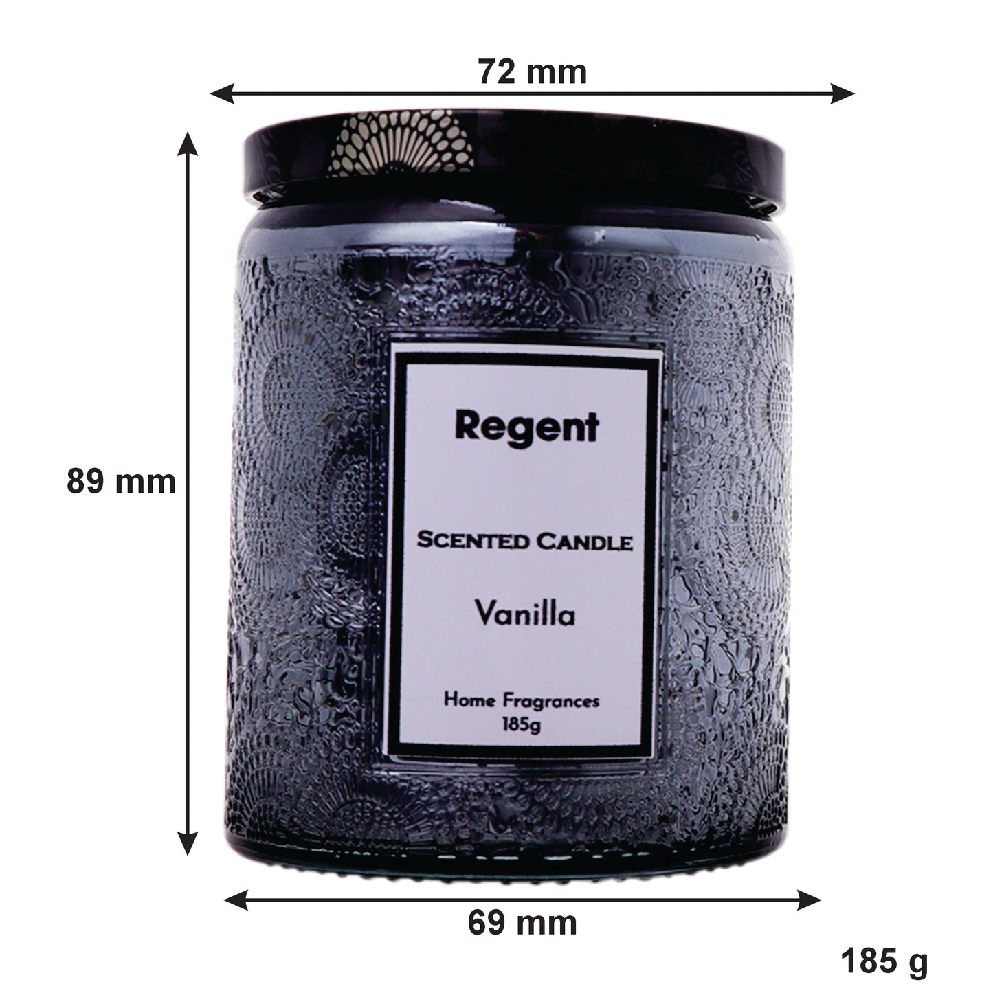 Regent Scented Candles (Vanilla) In Embossed Glass Jars, Asst. Colours, 185gr Each