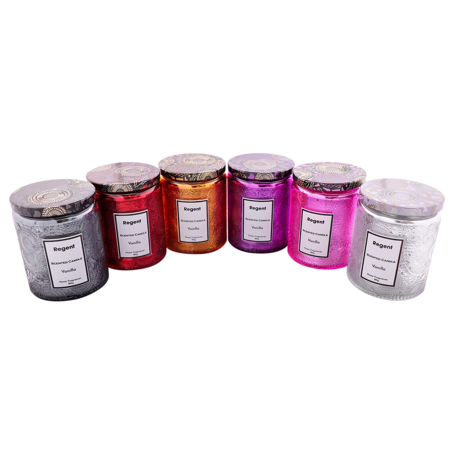 Regent Scented Candles (Vanilla) In Embossed Glass Jars, Asst. Colours, 185gr Each