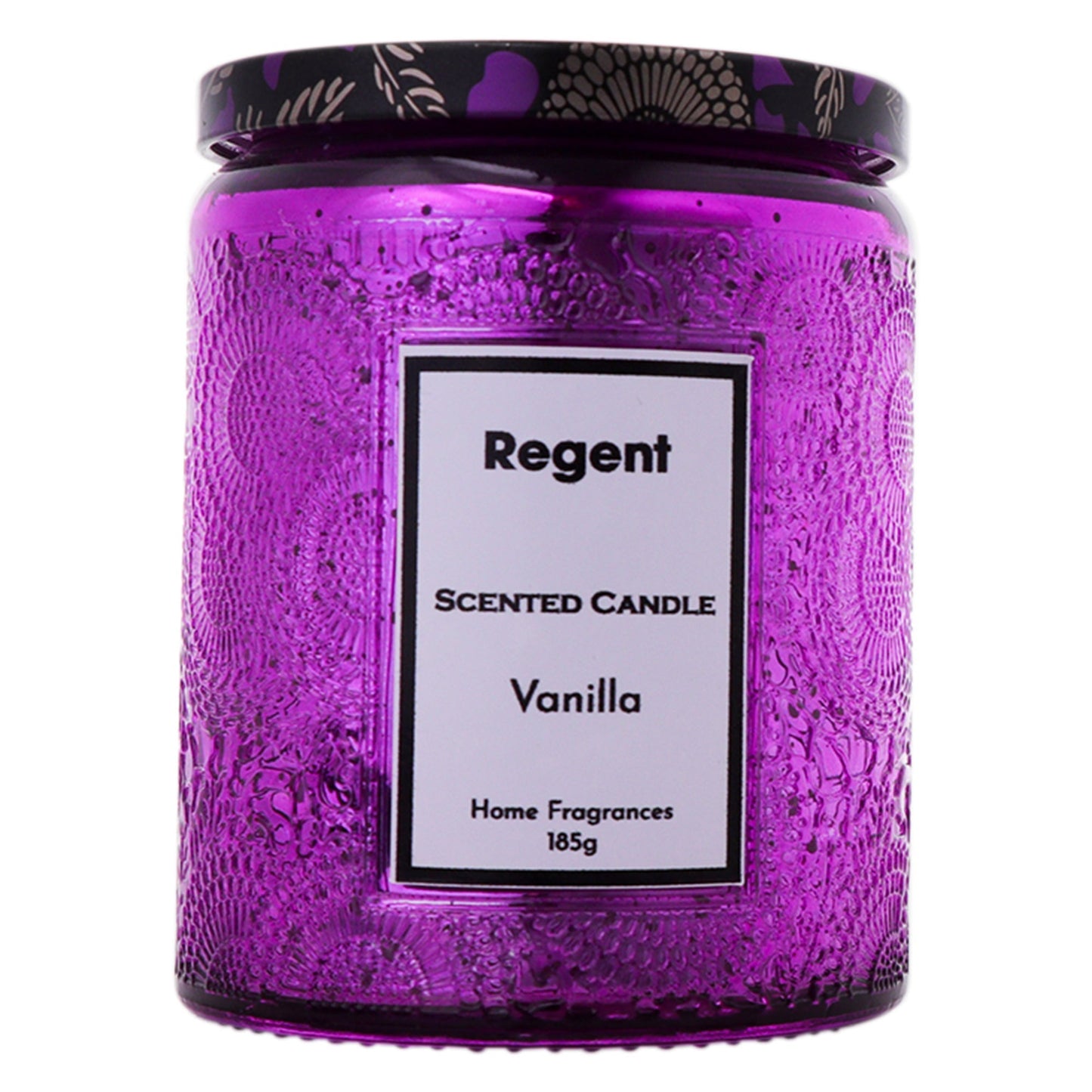 Regent Scented Candles (Vanilla) In Embossed Glass Jars, Asst. Colours, 185gr Each