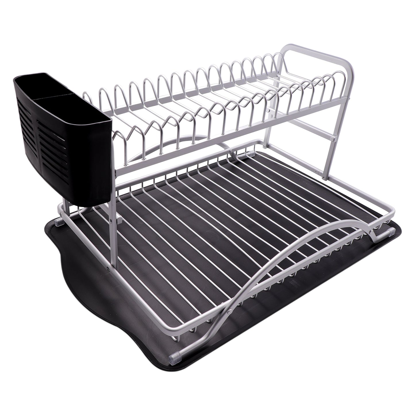 Double Dish Rack Silver Aluminum With Black Plastic Utensil Holder & Tray