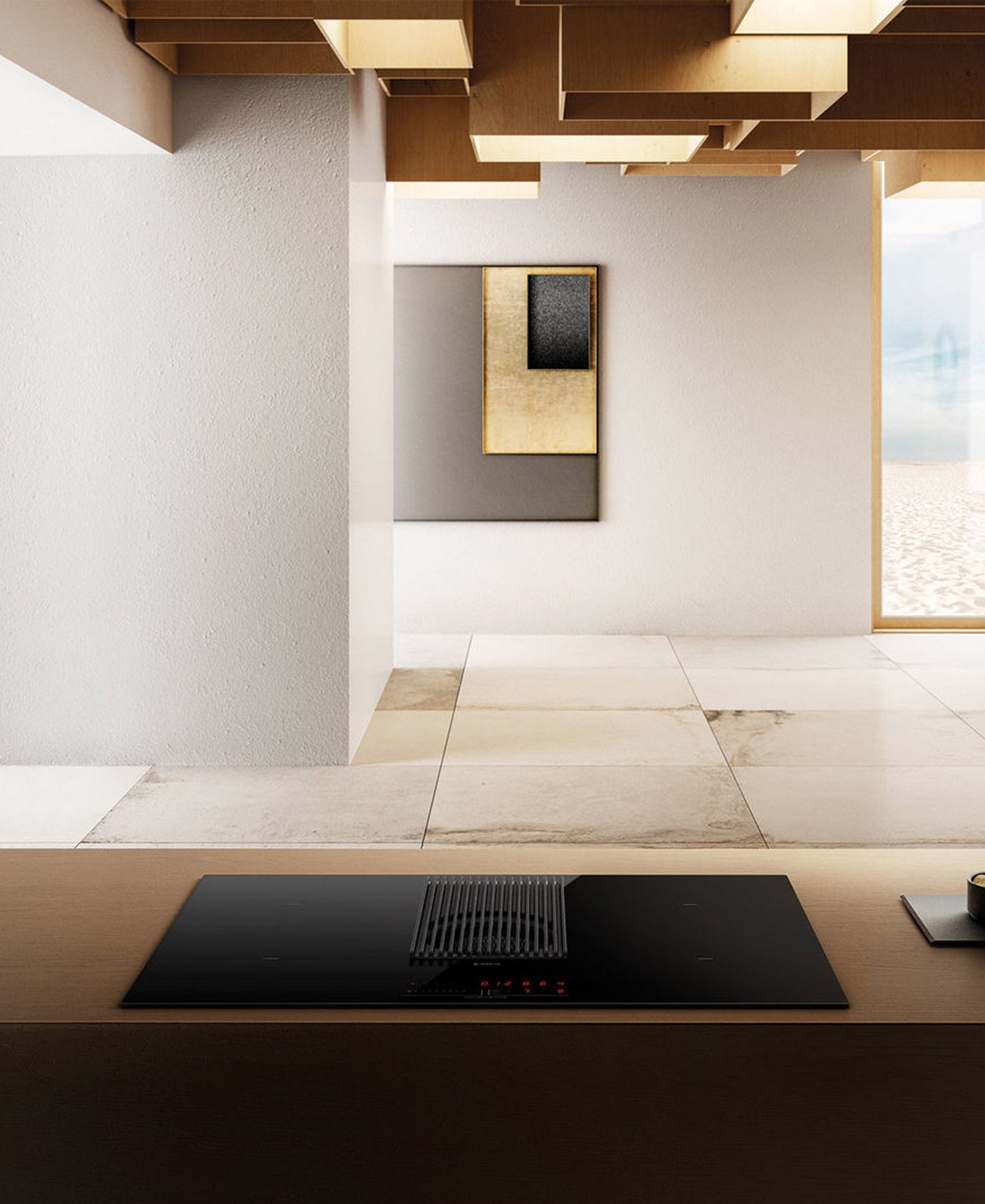 Elica 90CM 4 Zone Aspiration Hob With Downdraft Extractor- Black Glass Aand Cast Iron Grid