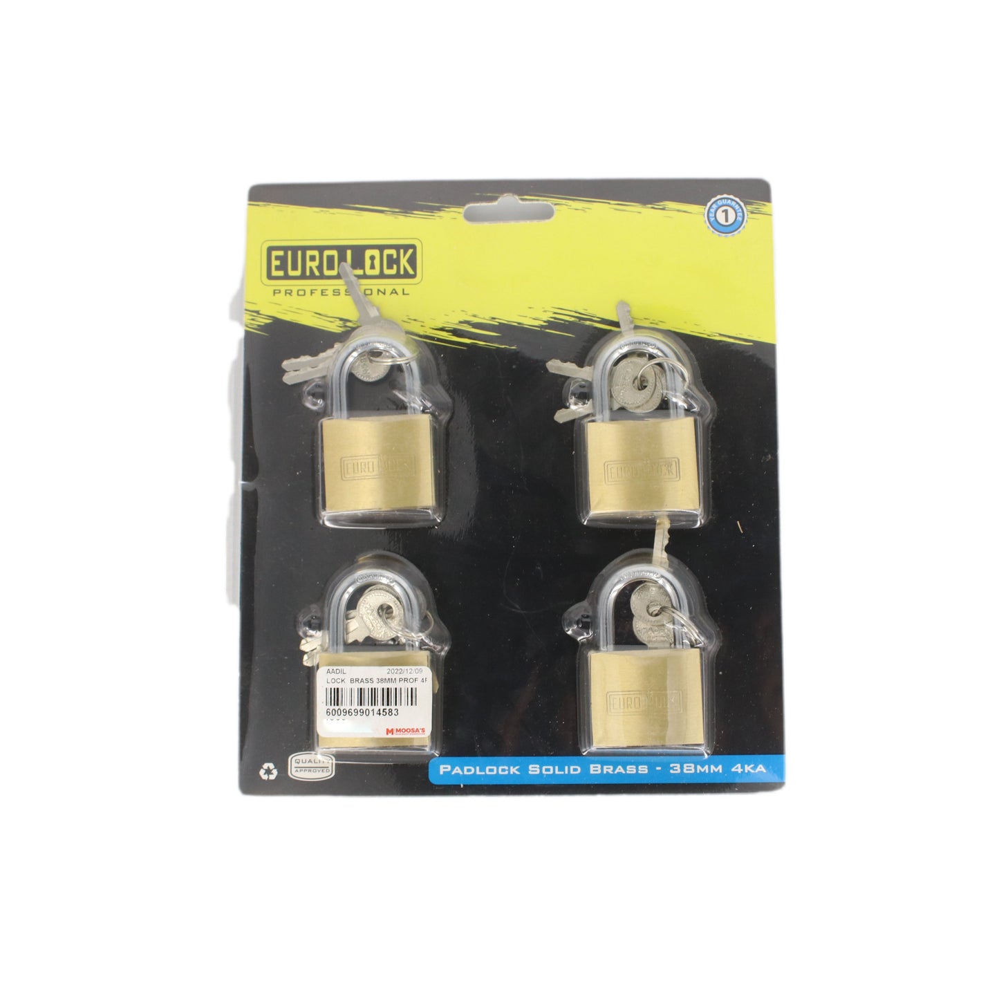 Lock Brass 38Mm Prof 4Pc Euro Diy