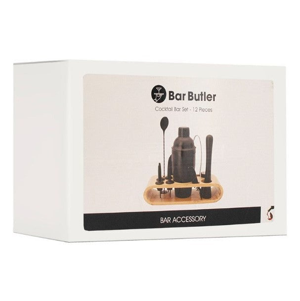 12 Piece Bar Butler Cocktail Bar Set Matte Black In A Bamboo Caddy