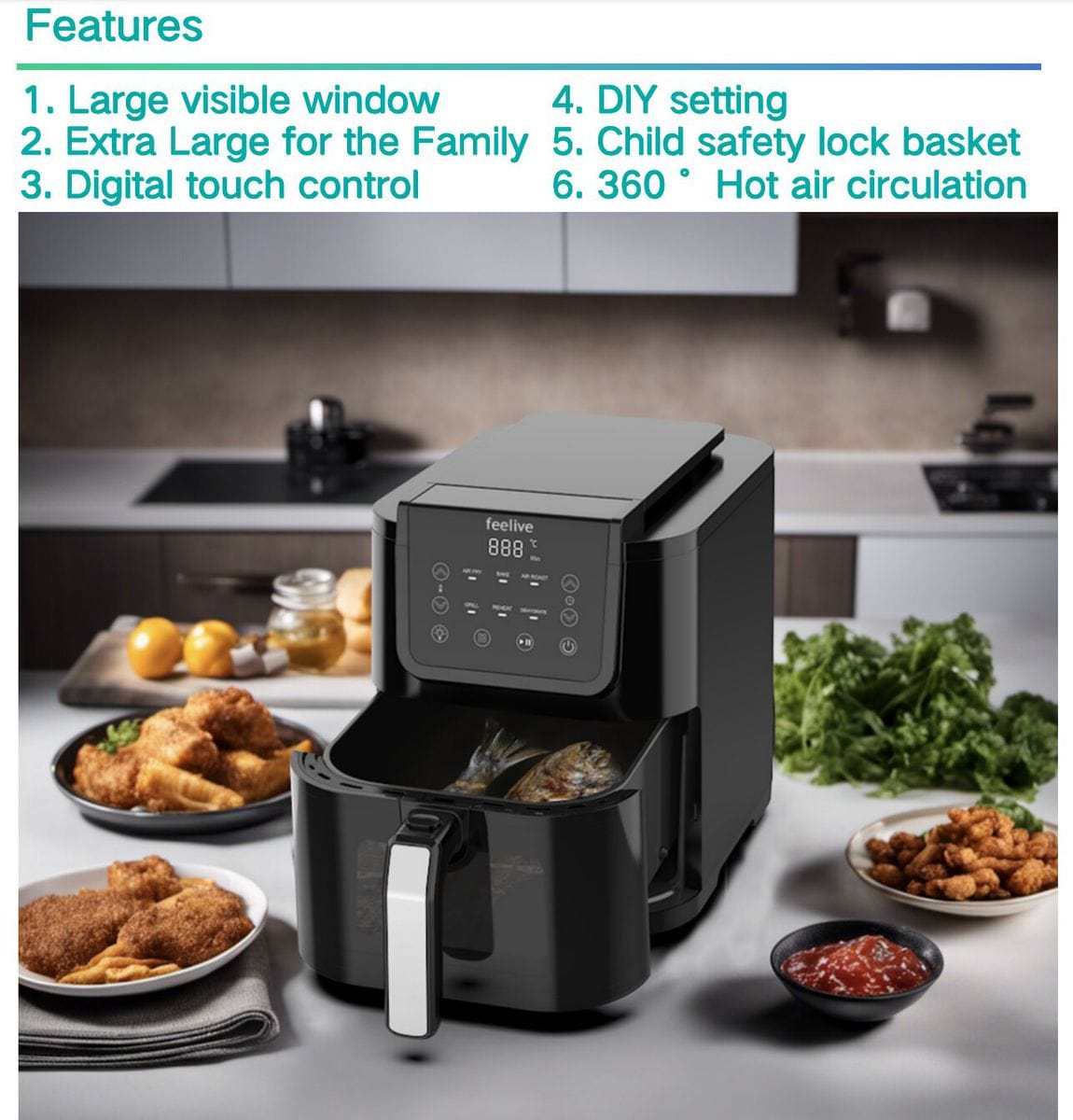 Feelive 5L Stylish Air Fryer with Visible Window, Dishwasherble AF05017M-GS