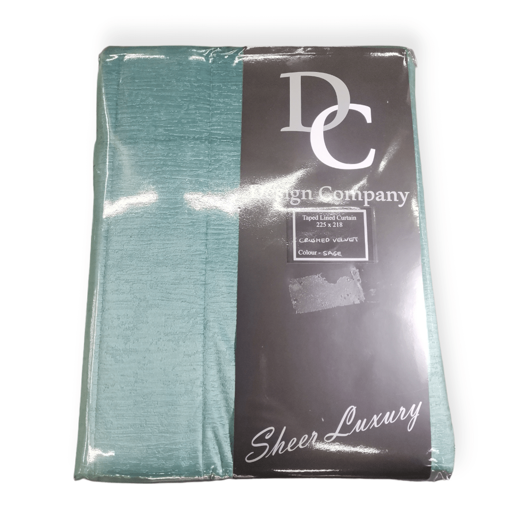 DC Crushed Velvet Taped Lined Curtain Ready To Hang 225 x 218cm Sage