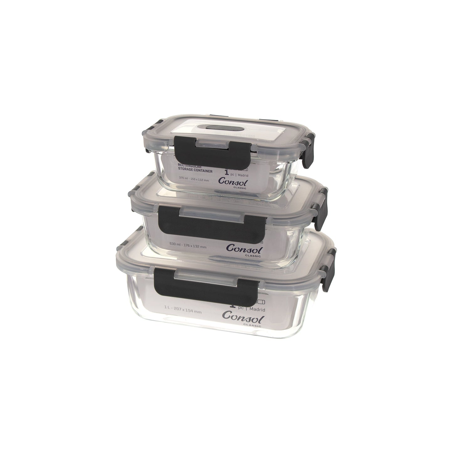 Consol Madrid Storage Containers With Clip On Vented Lids 3Piece Value Pack, (1lt & 630ml & 370ml)