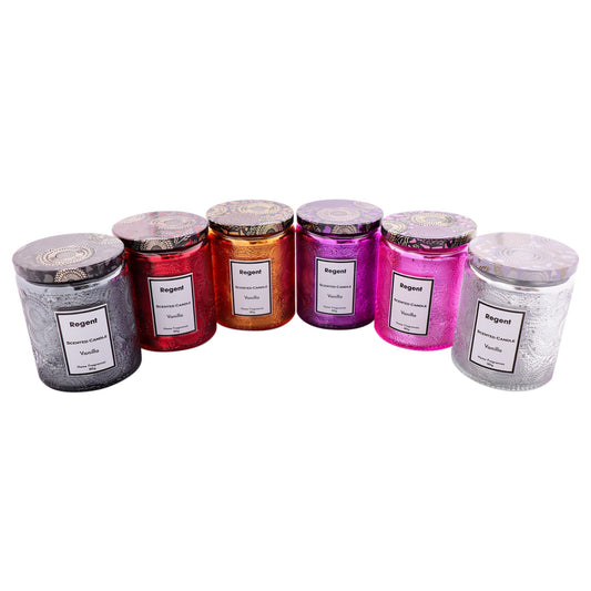 Regent Scented Candles (Vanilla) In Embossed Glass Jars, Asst. Colours, 185gr Each