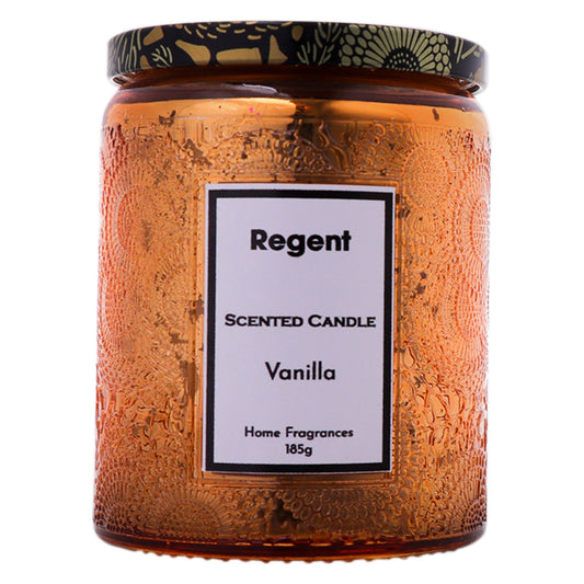 Regent Scented Candles (Vanilla) In Embossed Glass Jars, Asst. Colours, 185gr Each