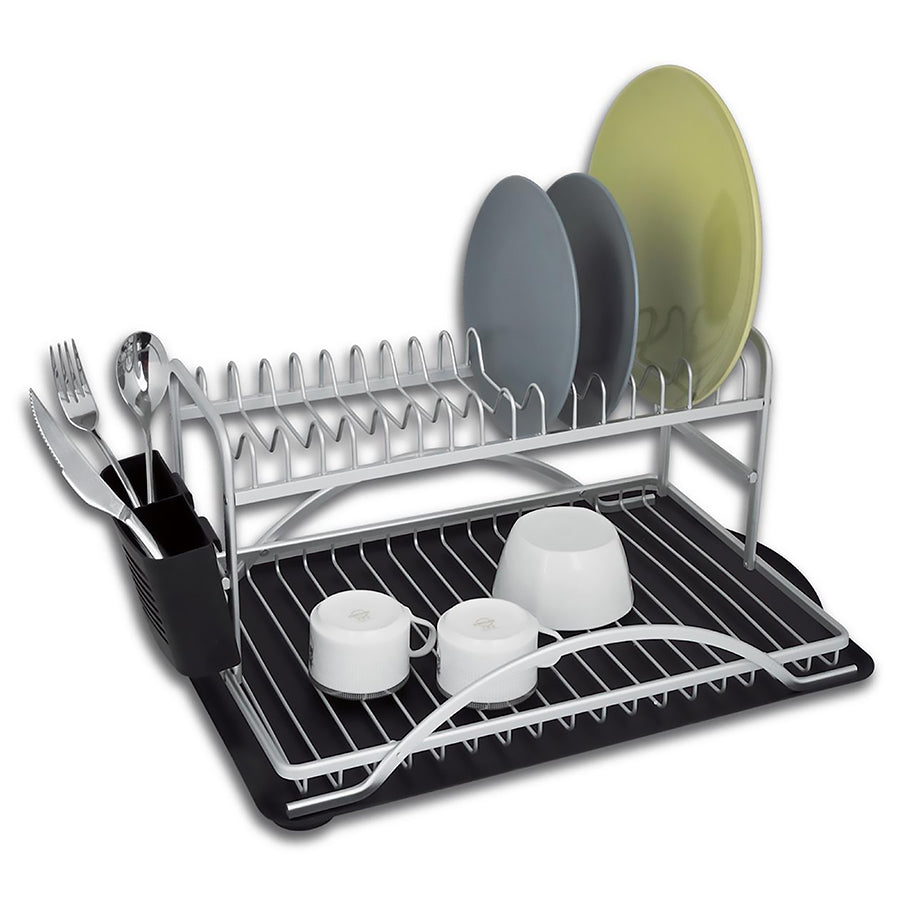 Double Dish Rack Silver Aluminum With Black Plastic Utensil Holder & Tray