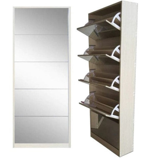 Mirror Shoe Cabinet  5 Tier White