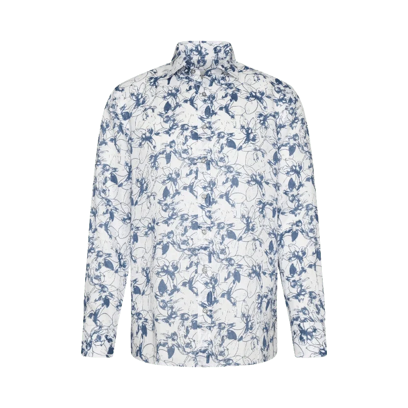 Bugatti Patterned shirt made from 100% linen in blue grey