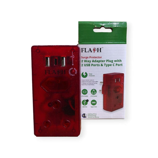 FLASH Surge Protector 2 Way Adapter Plug with 2 USB Ports & Type C Port