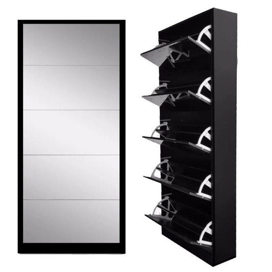 Mirror Shoe Cabinet  5 Tier Black